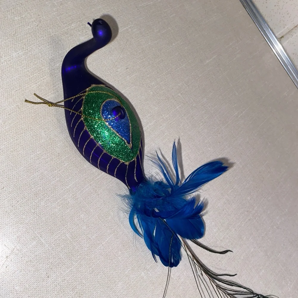 Vintage Peacock Glass Christmas Ornament With‎ Feathers